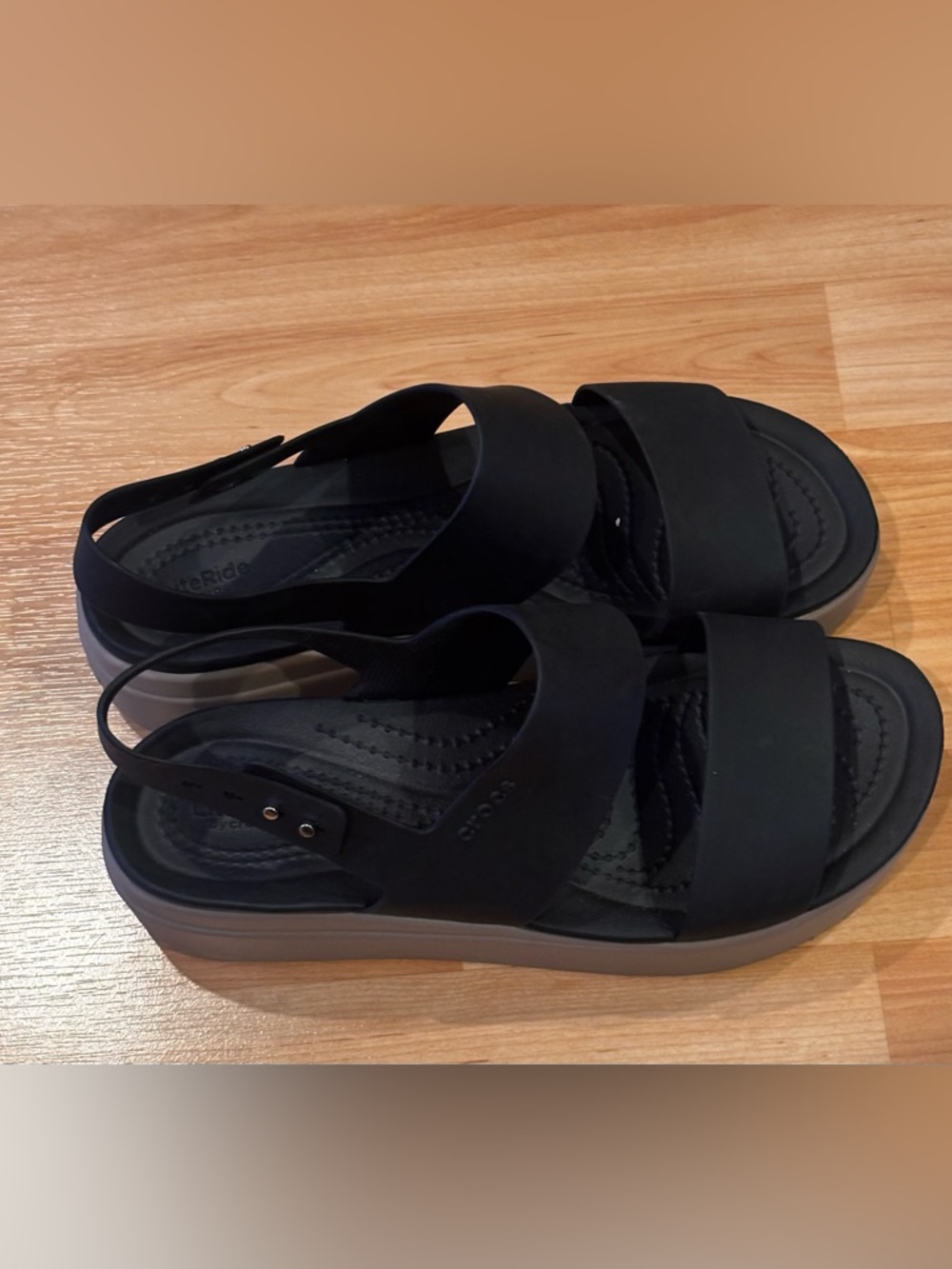 CROCS Black Brooklyn Low Wedge Sandals - Picture 1 of 9